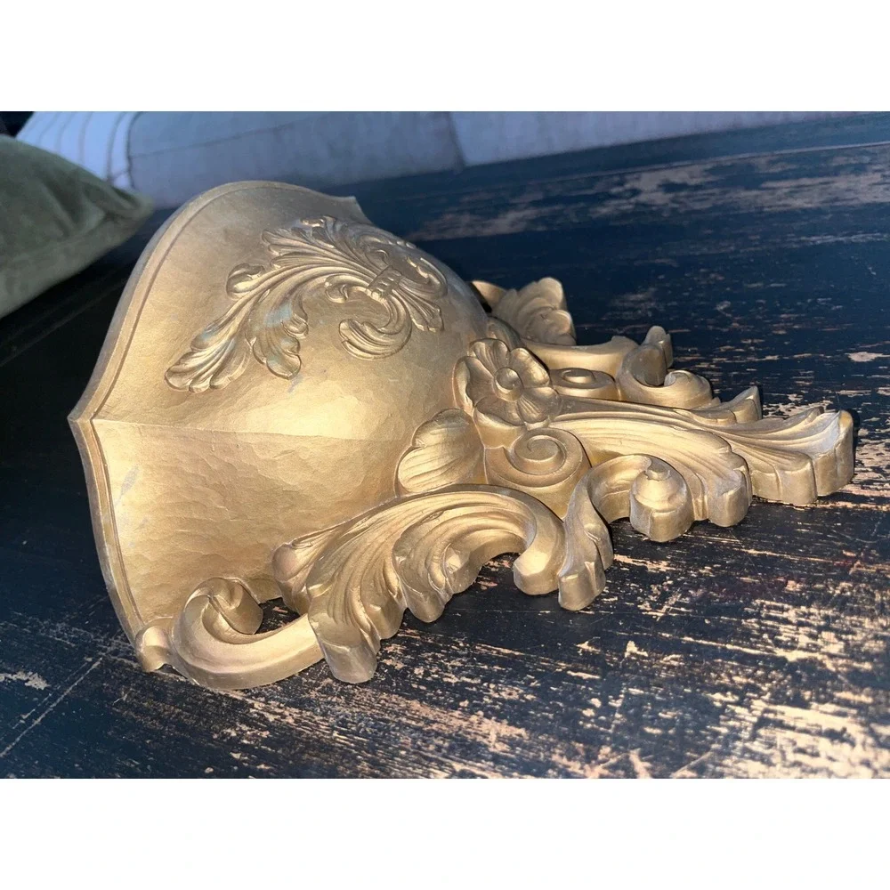 Vintage Gold Ornate Wall Pocket Shelf Scrolled Fleur De Lis Decorative Corbel